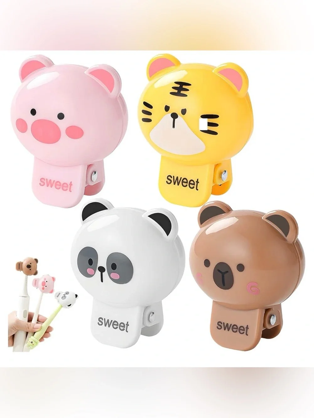 Sweet Animal Toothbrush Head Cover Clip Set Of 4